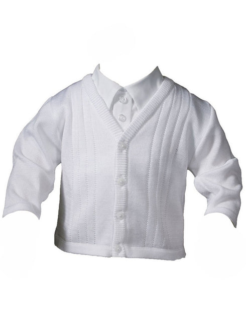 Baby Boys White Cotton Satin Acrylic Special Occasion Sweater 0-24M - SophiasStyle.com